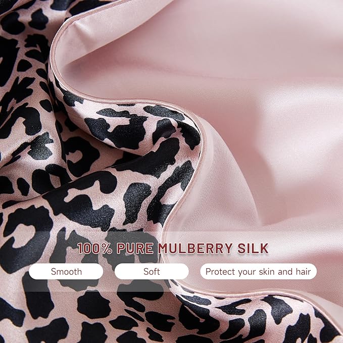 THXSILK Natural Mulberry Silk Pillowcase Hypoallergenic Zipper Pillow Case - Grade 6A+ Real Mulberry Silk Pillowcase Organic Silk Pillow Case, 1PC (Leopard Print, Queen Size 20"x30")