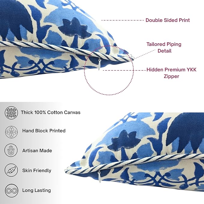 ATOSII Block Print Throw Pillow Covers, 20" X 20" - Set of 2, Decorative Couch Pillows for Living Room Bed Sofa, 100% Cotton Canvas Pillow Case for Home Decor & Outdoors, Preppy Throws - Positano Blue