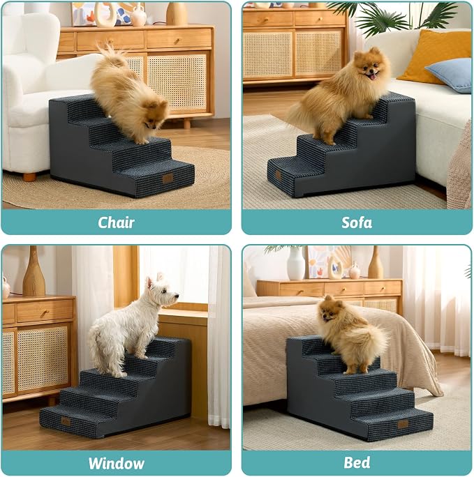 COZY KISS Dog Stairs for Small Dogs 17.7" H, 5-Step Gentle Incline Pet Step for Couch and Beds, Non-Slip Dog Ramp for Puppy Doggie Senior Cats, 17.7x29.5x17.7 Inch, Charcoal Grey