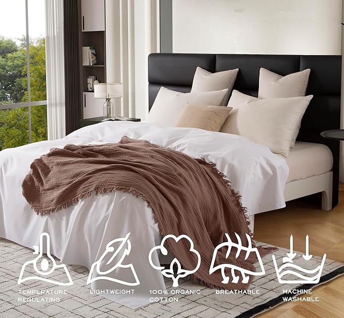 KyraHome 100% Organic Cotton Throw Blankets, 90“x90” Queen, Pre-Washed Muslin Blanket, Plant Dyed, Breathable Lightweight Gauze Summer Blankets for Adults, Bed, Couch, All Season, (Brown)