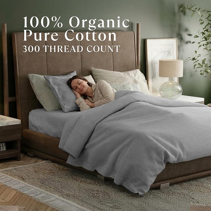 Delilah Home 100% Organic Cotton King Pillow Case, GOTS & Vegan.org Verified, Long Stem 300 TC Sateen Bedding, Non-Synthetic, Deep Pocket Fitted Linen, Lightweight, All-Season, 2 Pieces Set - Grey