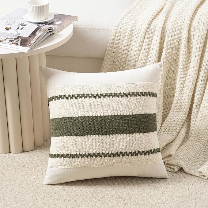 Fancy Homi Set of 2 Boho Olive Green Decorative Throw Pillow Cover 20x20 Inch for Couch Bed Sofa, Aesthetic Modern Organic Farmhouse Home Decor, Soft Cotton Cute Accent Macrame Woven Cushion Case
