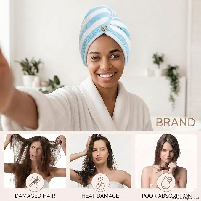 3 Pack Microfiber Hair Towel Wrap for Women, Fast Drying Hair Turban with Button, Anti-Frizz Large Hair Towel for All Hair Styles, Soft & Absorbent Hair Drying Towel