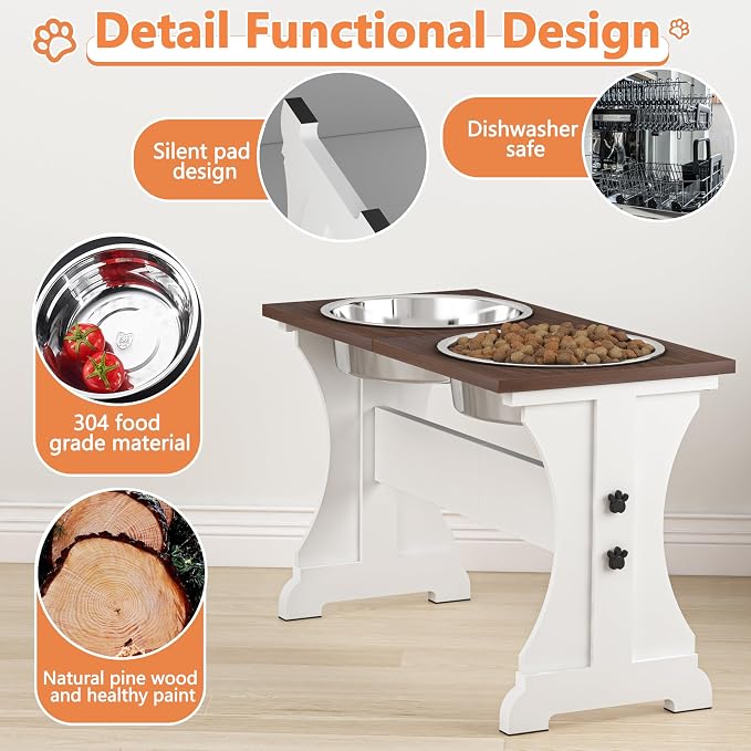 Piskyet Elevated Dog Bowls,Farmhouse Dog Bowls Stand, Raised Dog Bowl with 2 Stainless Steel Wooden Dog Bowl 12 Cups 15.7''H 90 OZ Bowl-Farmhouse Style