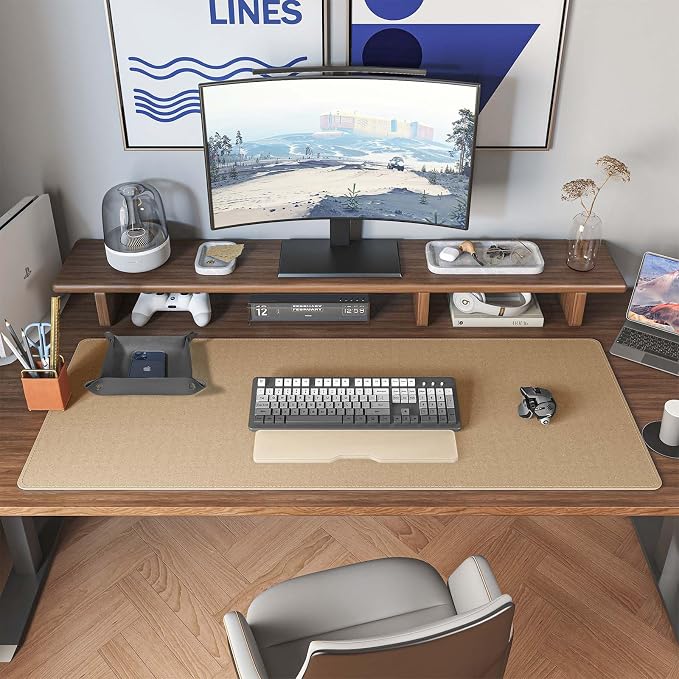 DAWNTREES Dual Sided Desk Mat,Leather Desk Pad,40"x16",Cork Desk Mat Protector,with PU Leather Valet Tray Organizer,Large Mouse Pad,Desk Writing Pad for Office and Home(Dark Gray)