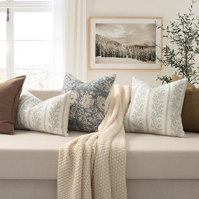 Vintage Throw Pillow Covers 24x24 Set of 2, Striped Floral Pillow Cover Botanical Patterned Decorative Cushion Covers Modern Farmhouse Home Decor for Sofa Couch Bed Living Room, Light Blue