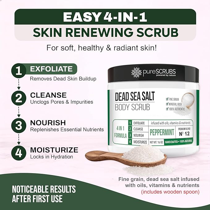 pureSCRUBS Premium Body Scrub for Strawberry Legs, Keratosis Pilaris (KP) & Ingrown Hairs – 4-in-1 Exfoliating Dead Sea Salt Formula – Smooth Skin, Reduce Razor Bumps & Dark Spots - Large 16oz