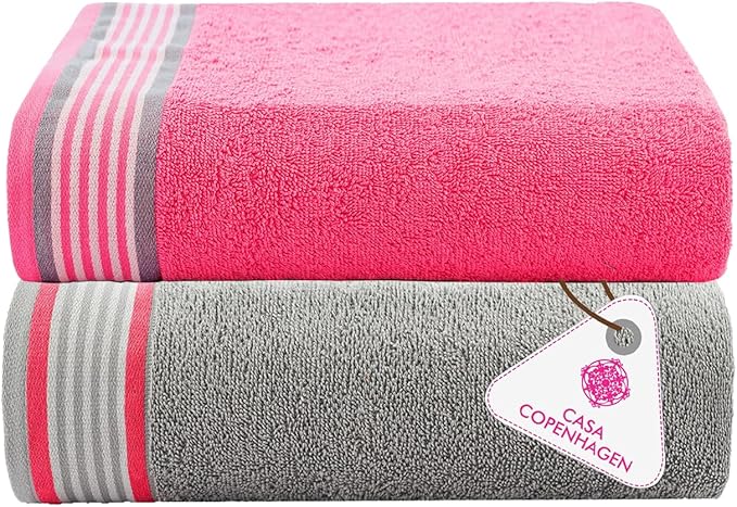 CASA COPENHAGEN He & She 2Pcs 100% Egyptian Cotton Large Designer Bathsheet Towels Gift Set- Grey Violet-Dusty Pink, 550GSM, 35"x70" 2Bath Sheet Towels for Bathroom Set for Women & Men