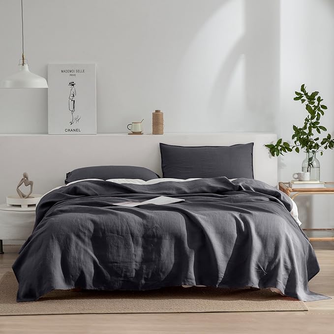 EVERLY Linen Queen Sheets Set, 100% Stonewashed French Linen Bed Sheets Deep Pocket Sheets, 4 Pieces (1 Flat Sheet, 1 Fitted Sheet, 2 Pillowcases) Natural Flax Bedding Set-Dark Grey