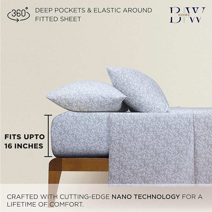 Briarwood Home® Printed Flannel Sheet Set, 100% Natural Cotton, Soft, Warm & Deep Pocket, Advanced Nano-Tech Making it Resistance to Pilling; Brushed 6 Times for Softness (La Folia Grey, King)