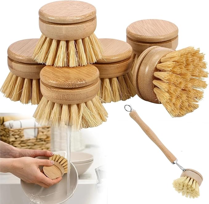 Bamboo Dish Brush Set Wooden Dish Brush with Natural Sisal and Coconut Durable Portable Kitchen Cleaning Brush Eco Friendly Zero Waste(5 Microfiber Cloths)