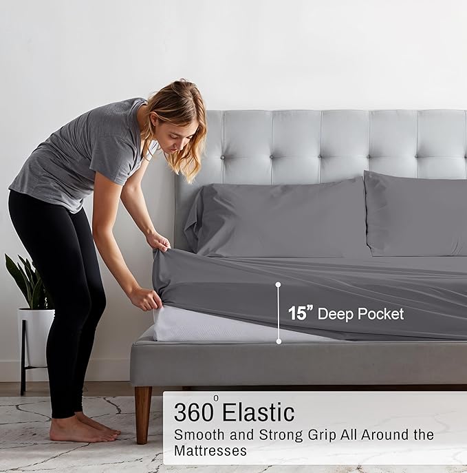 RUVANTI 100% Cotton Organic Percale Sheets Queen Size – Crisp Cooling Bed Sheets for Hot Sleepers, Deep Pocket 15”, Soft Peach Finish, Breathable & Durable Hotel-Style 4 Pcs, Silver Filigree