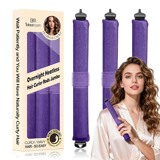 BLAAROOM Overnight Heatless Hair Curler, Upgraded with Hair Pad Grippers Satin Jumbo Flexi Blowout Curls Rods, 3pcs No-Heat Styling Tools Curling Rod to Sleep in for All Hair Types - Purple