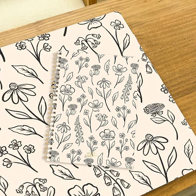 Elyse Breanne Design, 70 Page, College Ruled Sheets, 8.5" x 11", Recycled Paper, Laminated Soft Cover, 1 Subject, Spiral Bound Notebook, Ivory Pressed Floral