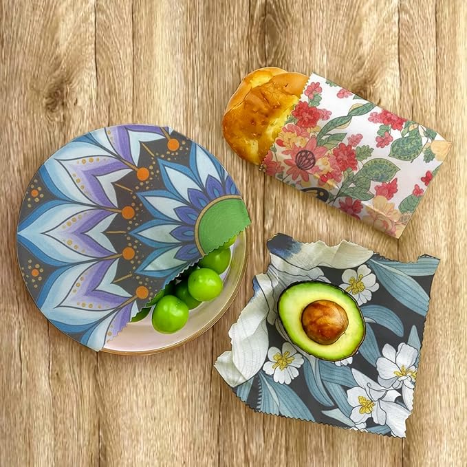 Reusable Beeswax Wrap, 9 Pack Eco-Friendly Beeswax Wraps For Food, Organic, Sustainable, Biodegradable, Zero Waste, Plastic-Free Storage, 1XL, 3M, 5S (Floral, Butterfly & Mandala)