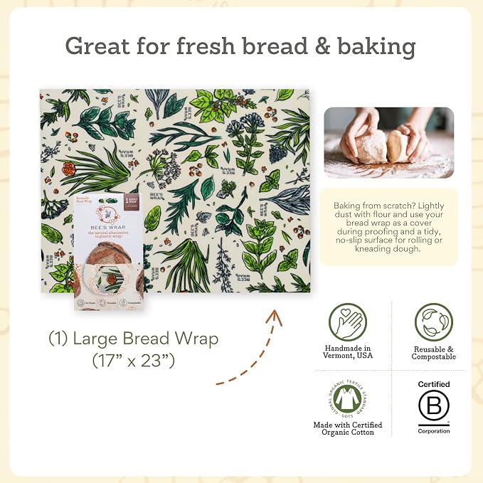 Bee's Wrap Beeswax Wraps for Bread - Beeswax Bread Wrap for Sourdough & Bread Storage - Made in USA Reusable Natural Food Wrap - Herb Garden Print