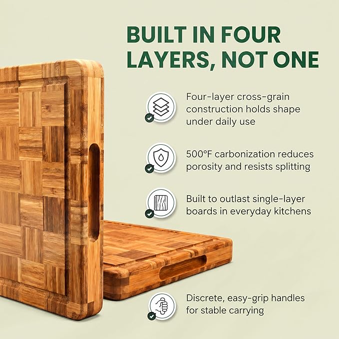 LAIFsolutions Wood Cutting Boards for Kitchen with Juice Groove, Eco-Friendly Wooden Bamboo Chopping board, Food-Safe, Non Plastic Tabla Para, Carbonized Butcher Block for Meat, Veggies Fruits, Medium