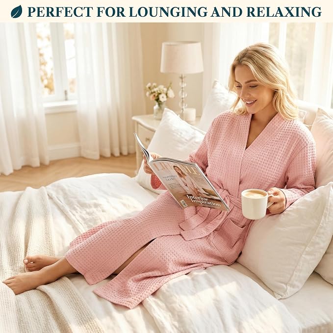 PAVILIA Womens Waffle Knit Robe Lightweight Cotton Blend Full Length House Bathrobe with Pockets