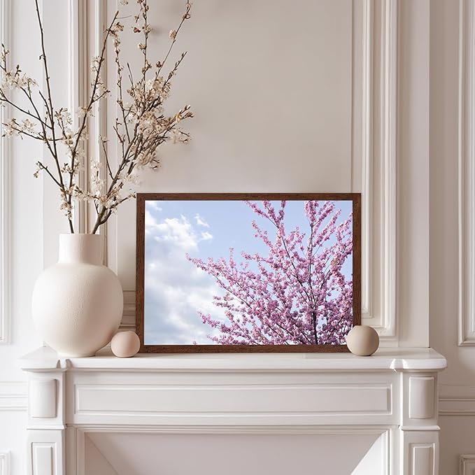 Monem Art Cherry Blossom Spring Sky Photography Print - Floral Nature Art Poster - Wall Decor for Living Room, Bedroom or Office - 8x10 Brown Framed Wall Art by Mareike Bohmer