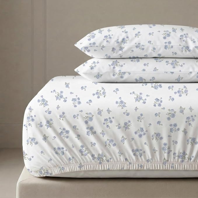 MakeMake Organics Organic Queen Fitted Sheet Set GOTS Certified Organic Cotton Fitted Sheet with Pillowcase Ultra Soft Non Toxic Breathable Hypoallergenic Colorful Neutral (Queen, Mini Roses)