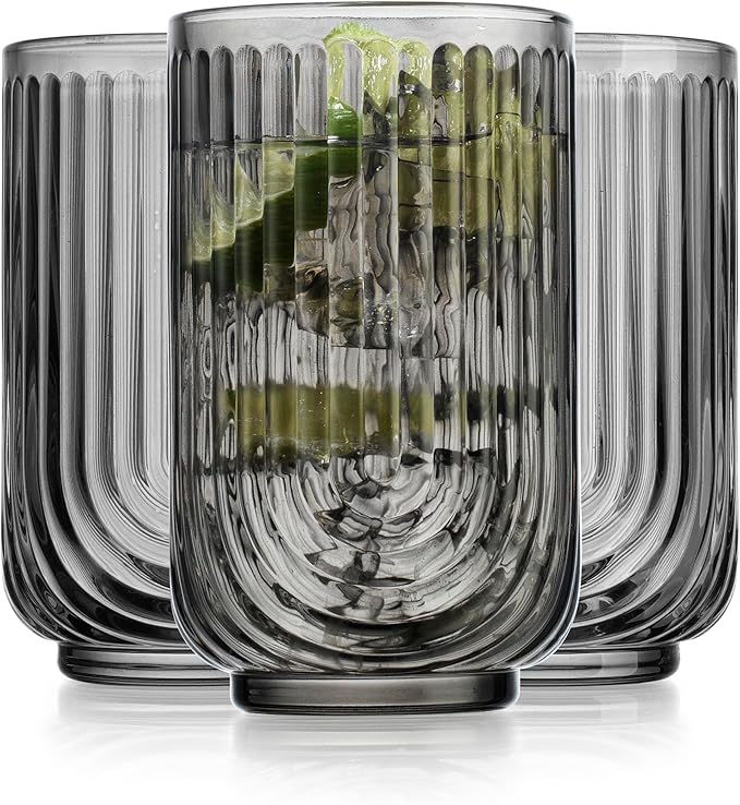 Glaver's Vintage Glassware - Art Deco Ribbed Drinking Glasses, U-Shape Arch Design Colored Cocktail Decorative Party Everyday Kitchen Tumblers, Hand Wash Only (Smoke S/4 17oz)