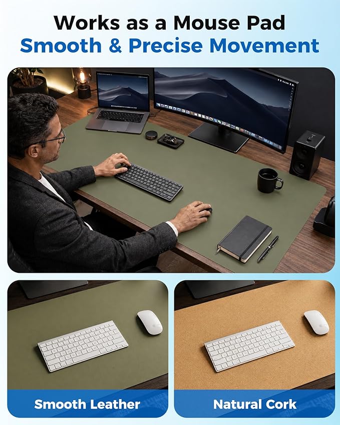 Aothia Cork Desk Mat - Dual-Sided XL PU Leather Desk Pad & Full Desk Protector, Large Waterproof Desktop Mat for Office & Gaming (47" x 23.6", Olive Green)