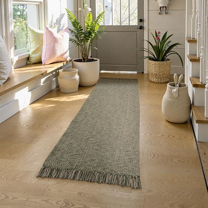 Collive 2x6 Hallway Runner Rug, Hand-Woven Washable Reversible Entryway Runner Rug, Natural/Green Cotton Farmhouse Laundry Room Rug Modern Long Carpet for Bedroom Bathroom Sink Foyer