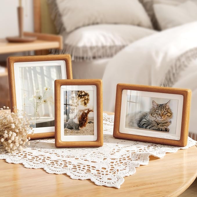 6x8 Picture Frame, USA-Sourced Teak Wood Photo Frames with HD Tempered Glass, Display Photo 5x7 with Mat or 6x8 Without Mat, 5x7 Frame for Tabletop or Wall Display, Teak Color, 1 Pack