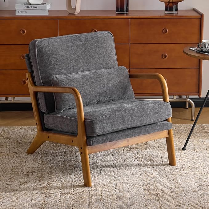 Karl home Mid-Century Modern Accent Reading Chair, Grey | Chenille Upholstered, Solid Wood Frame, Soft Cushion, Lumbar Pillow, Lounge Armchair for Living Room, Bedroom, Balcony, Study
