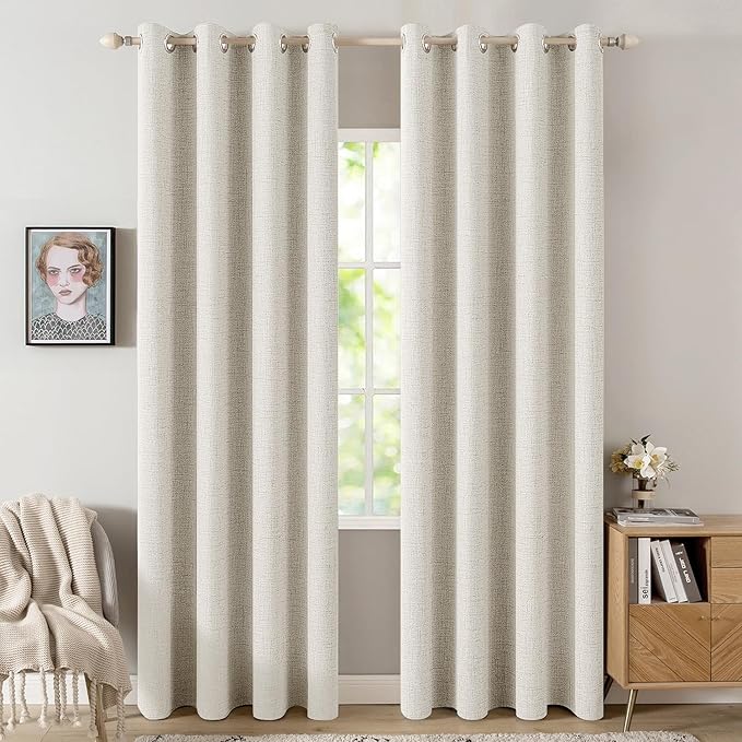 MIULEE Linen Texture Curtains for Bedroom Solid 100% Blackout Thermal Insulated Linen Beige Curtains Grommet Room Darkening Drapes for Living Room Nursery 52x90 Inch (2 Panels)