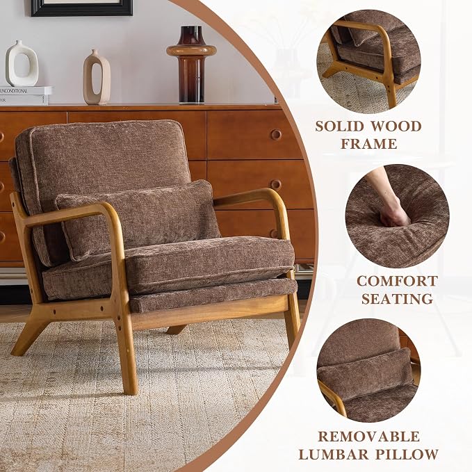 Karl home Mid-Century Modern Accent Reading Chair, Brown | Chenille Upholstered, Solid Wood Frame, Soft Cushion, Lumbar Pillow, Lounge Armchair for Living Room, Bedroom, Balcony, Study