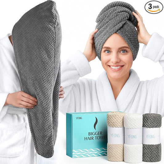 YFONG 3 Pack Large Microfiber Hair Towel Wrap, 30" x 10" Anti Frizz Quick Dry Hair Towels for Women Long, Curly, Thick Hair, Super Absorbent Hair Turban for Wet Hair (Grey, White, Camel)
