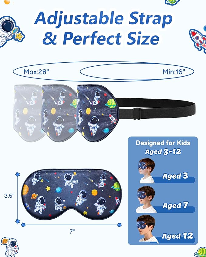 BeeVines Kids 100% Real Mulberry Silk Sleep Mask 2 Pack, Original Design Pure Silk Sleeping Eye Masks for Boys, Skin-Friendly Blackout Eye Cover, Adjustable Strap, Reduce Puffy Eyes, for Travel Gifts