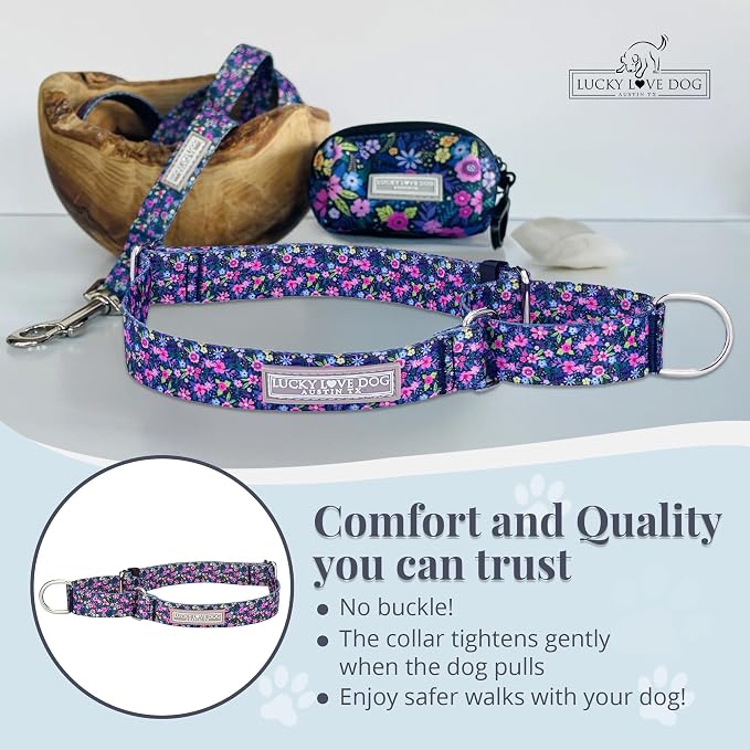 Lucky Love Dog Martingale Dog Collar - Adjustable, No-Slip, Durable, & Soft Webbing Collar for Male and Female Dogs Ideal for Training & Walking - Primrose, Medium