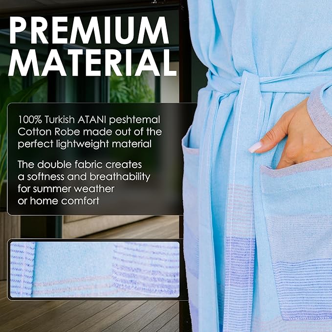 ATANI 100% Turkish Cotton Bathrobe S-XXL for Women & Men – Peshtemal Style Soft Cozy Lounge Robe, Absorbent & Lightweight