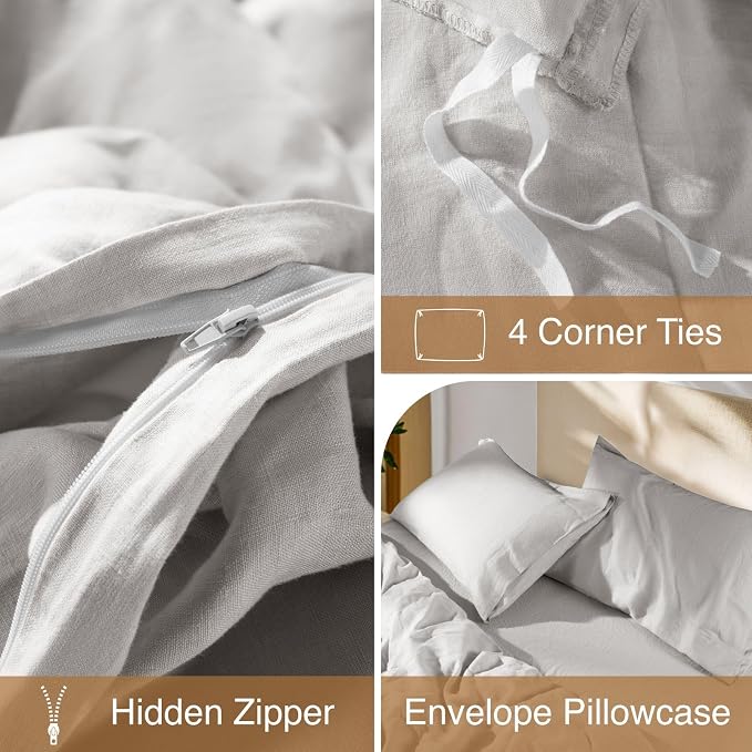 SONORO KATE 100% French Linen Duvet Cover Full Size, Soft Breathable for Hot Sleepers, Moisture Wicking & Durable Cover Set - Zipper Closure & 4 Corner Ties Duvet Covers 3 Piece (Grey,Full)