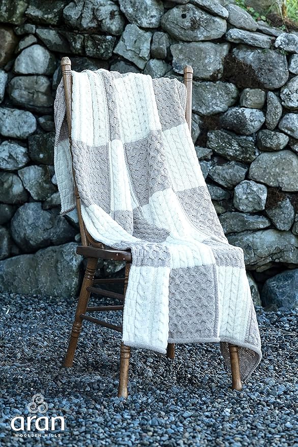 Aran Woollen Mills Patchwork Supersoft Merino Wool Knit Throw Blanket 42" x 66" Cream & TAN