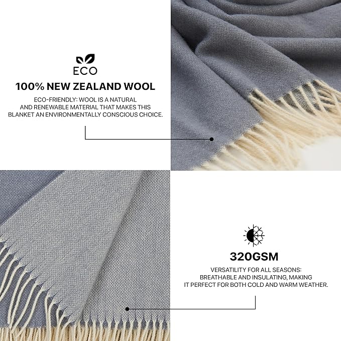 | Wool Blanket/Throw | 100% New Zealand Wool | Perfect for Home and Outdoors | Virgin Wool Throw with Fringes 75"x87" (190 x 220 cm)