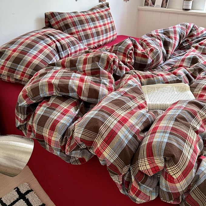 mixinni Vintage Red & Brown Buffalo Plaid Duvet Cover Set King Size - 3 Piece Washed Cotton Bedding Set with Classic Checkered Pattern, Cozy Farmhouse Duvet Cover with Pillowcases for All Seasons
