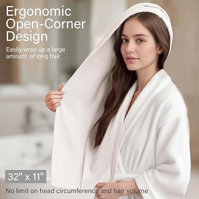 ROLSHOL 2 Pack Microfiber Hair Towel Wrap for Women, 32" x 11" Waffle Weave Hair Plopping Towel for Curly, Long & Thick Hair, Anti-Frizz Hair Turbans for Wet Hair (White, Grey)