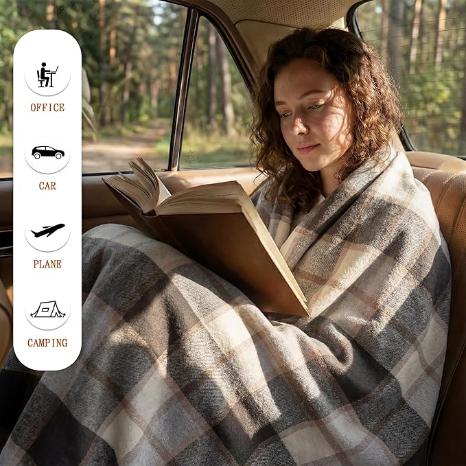 Soft Pure Wool Throw Blanket, Lightweight Warmth, 55"x83", Plaid, Fringe, Compact with Bag, Useful Gift for Women Men, All Season Decorative Cozy Travel Blanket for Couch Bed, Outdoors