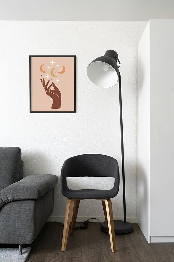 Mystical Hand Wall Art Celestial Moon and Stars Print Earth Tones Terracotta Mid Century Modern 11x14 Inch Oak Wood Black Framed Spiritual Decor for Bedroom