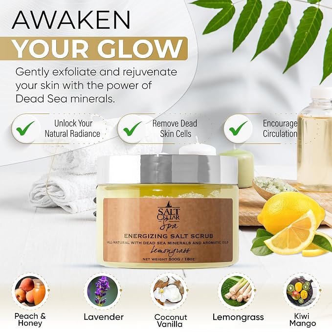 Salt Cellar Spa Energizing Peach & Honey Salt Scrub - Sweet Serenity with Dead Sea Minerals - Revive, Refresh, and Rejuvenate your Skin - Made in Israel, Cruelty-Free, 18 oz.