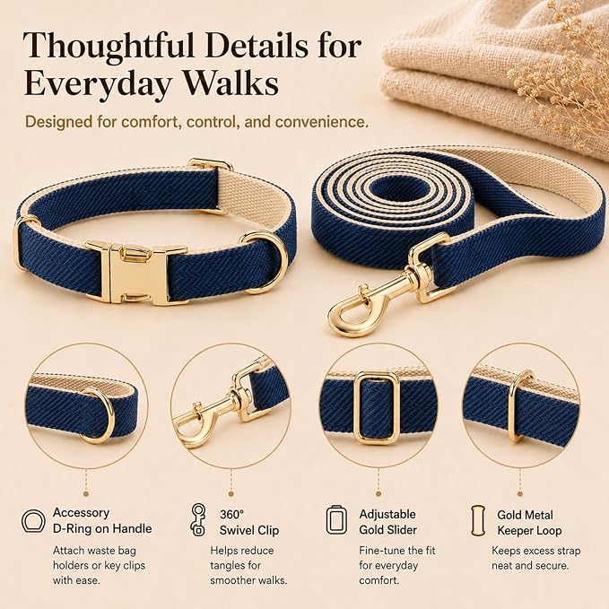 Herringbone Tweed Dog Collar and Leash Set for Small Dogs, Navy Blue | Snag-free, no-rub design. Soft breathable cotton, gentle on fur. Adjustable durable matching combo for walks & outdoors.