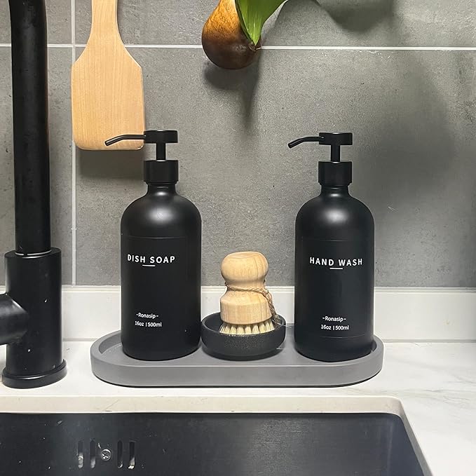 Ronasip Set of 5 Kitchen Soap Dispenser Set 16 Oz Glass Hand Dish Soap Dispenser with Stainless Steel Pump, Cement Tray, Dish Scrub Brush for Farmhouse Rustic Home Bathroom Decor (Black)