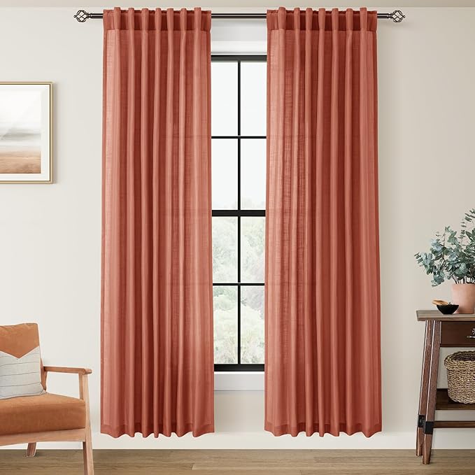 80 inch Linen Terracotta Curtains 2 Panels for Living Room Back Tab Light Filtering Semi Sheer Rust Colored 80 inches Long Soft Thick Cotton Cloth Textured Rustic Boho Farmhouse Room Decor