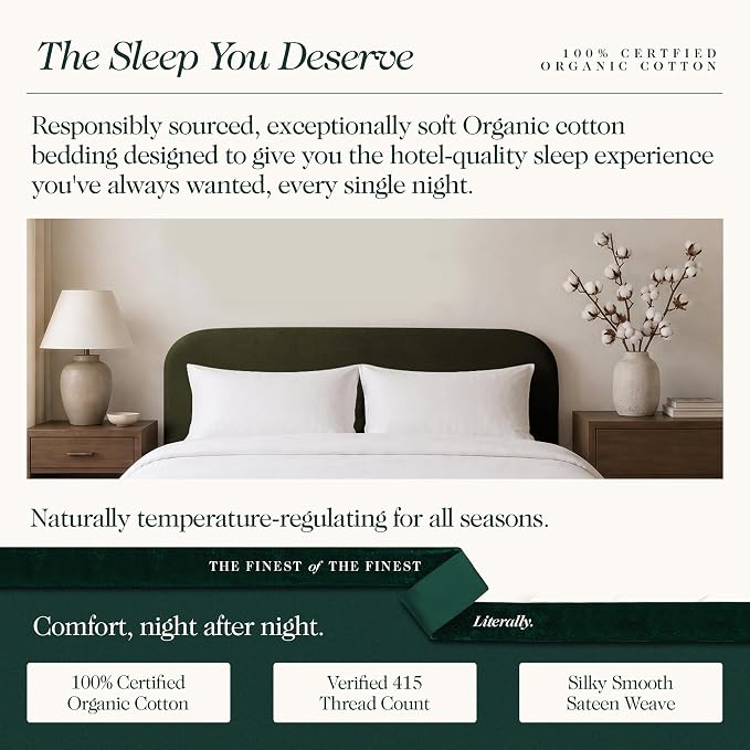 100% Certified Organic Sateen Weave Cotton Sheets King Size, 4 Pcs, White | Luxurious 415 Thread Count, Oeko-Tex Certified, Sateen w/ Hemstitch, 16" Deep Pockets, 360 Double-Elastic & 4 Corner Straps