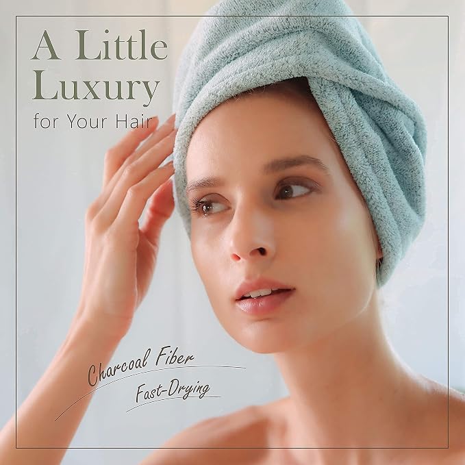 myHomeBody Hair Towel Wrap, Quick Drying Turban, Absorbent Cap – Green | Hair Turban Towel for wet hair, Ultra Soft Charcoal Fiber Cap, Towel Head Wrap for bathing with Coconut Shell Button