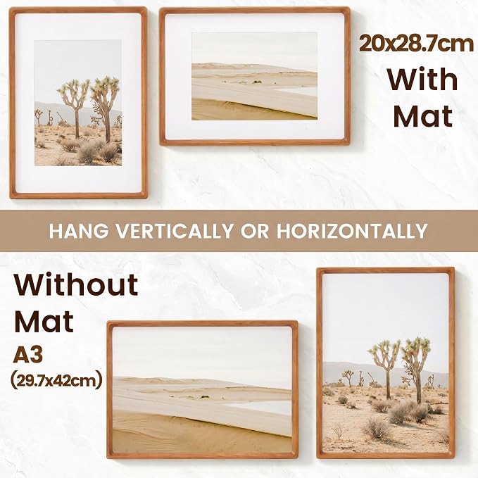 A3 Picture Frame, USA-Sourced Cherry Wood Photo Frames with HD Tempered Glass, Handcrafted Rounded Corner A3 Wooden Frame Matted to A4 Photos, Tabletop or Wall Display