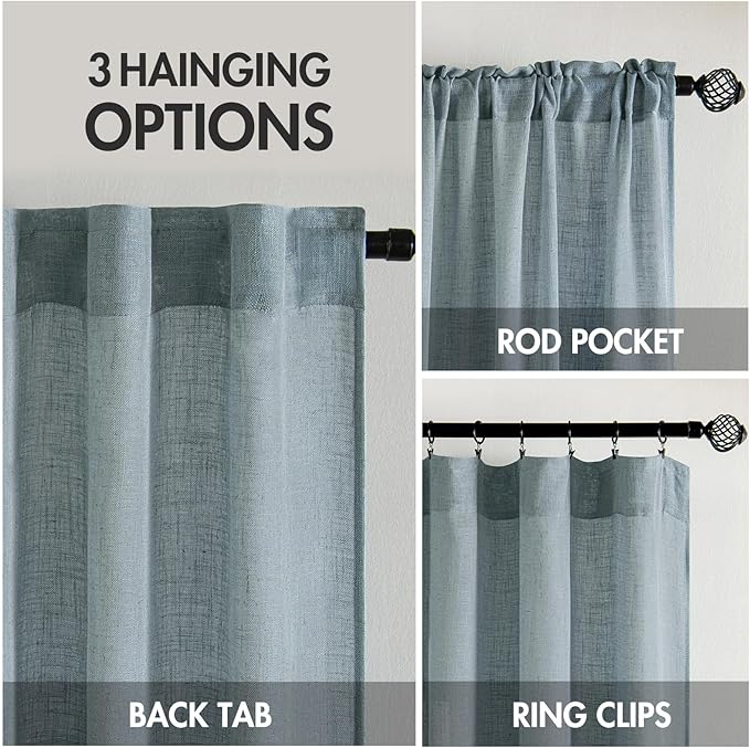MIULEE Dusty Blue Linen Curtains 63 Inch Long 2 Panels for Bedroom Living Room, Soft Thick Linen Textured Window Drapes Semi Sheer Light Filtering Back Tab Rod Pocket Burlap Look Light Blue Decor